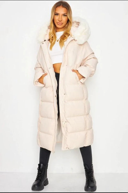 Beige long hooded down jacket