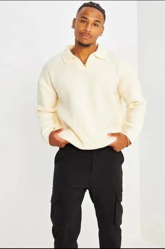 Beige oversized pullover with notched collar