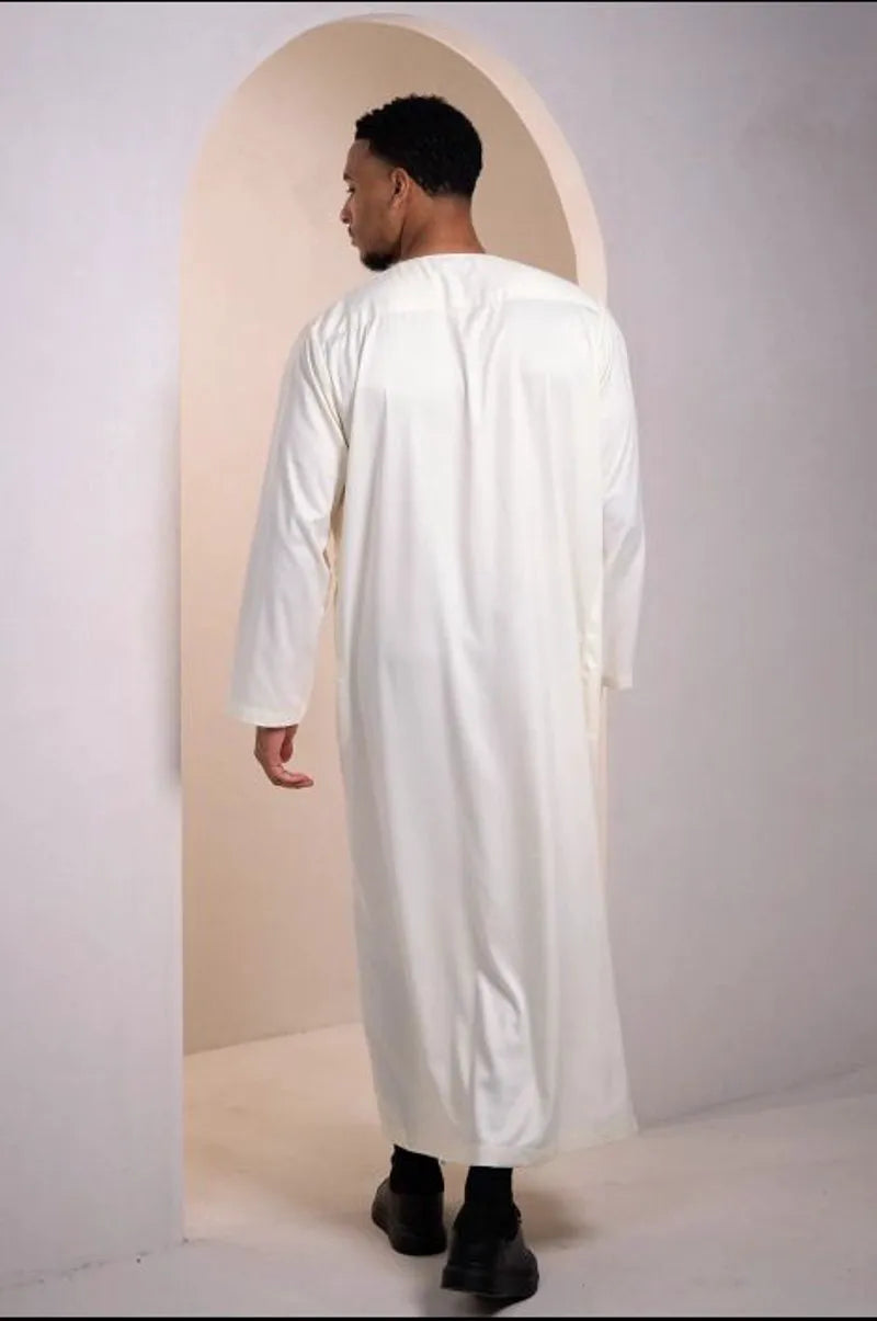 Beige qamis with brown and gold aztec pattern