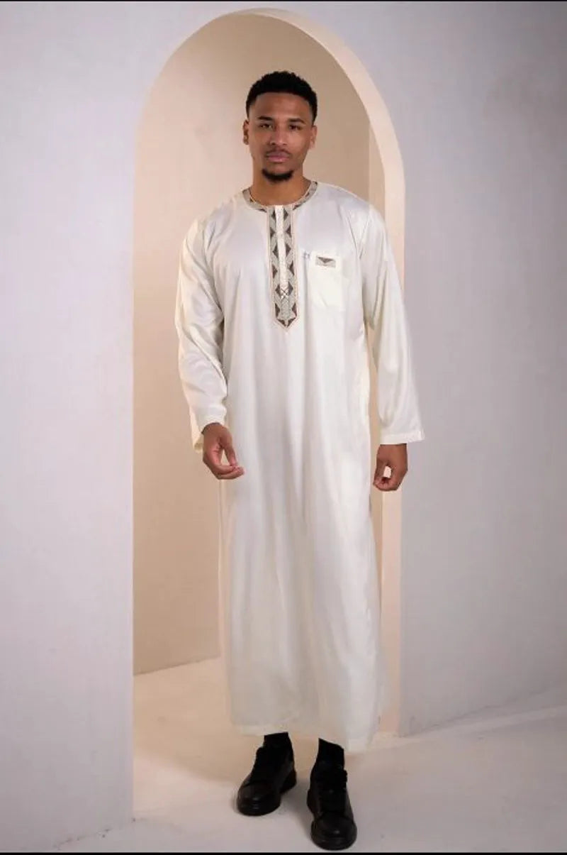 Beige qamis with brown and gold aztec pattern