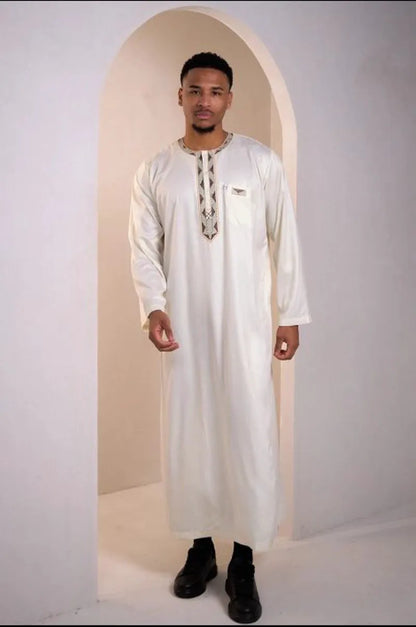 Beige qamis with brown and gold aztec pattern