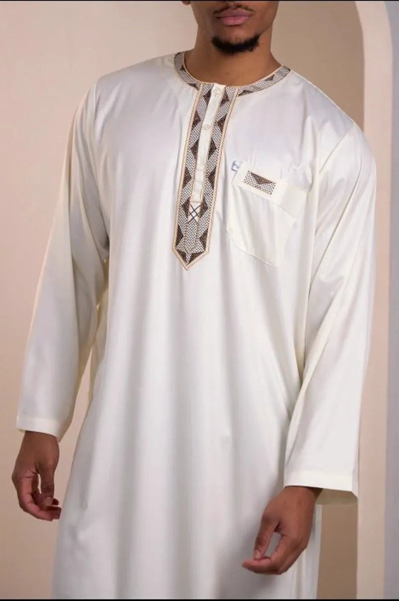 Beige qamis with brown and gold aztec pattern