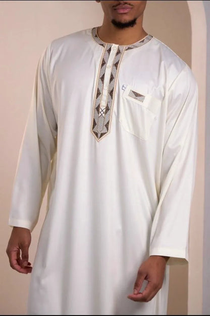 Beige qamis with brown and gold aztec pattern