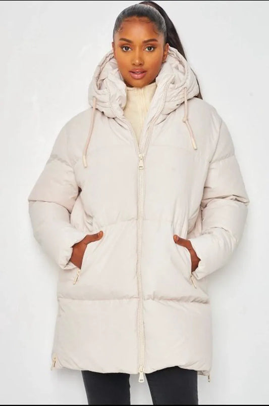 Beige quilted hooded down jacket