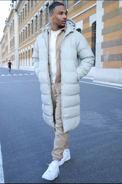 Beige quilted long hooded down coat