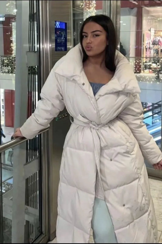 Beige quilted long-sleeve puffer jacket