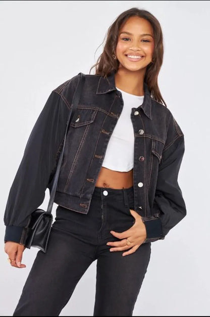 Black dual-fabric denim jacket