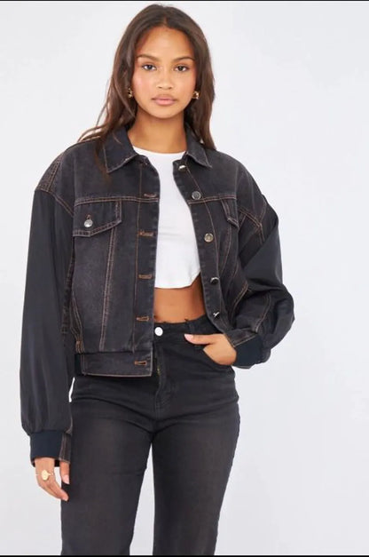 Black dual-fabric denim jacket
