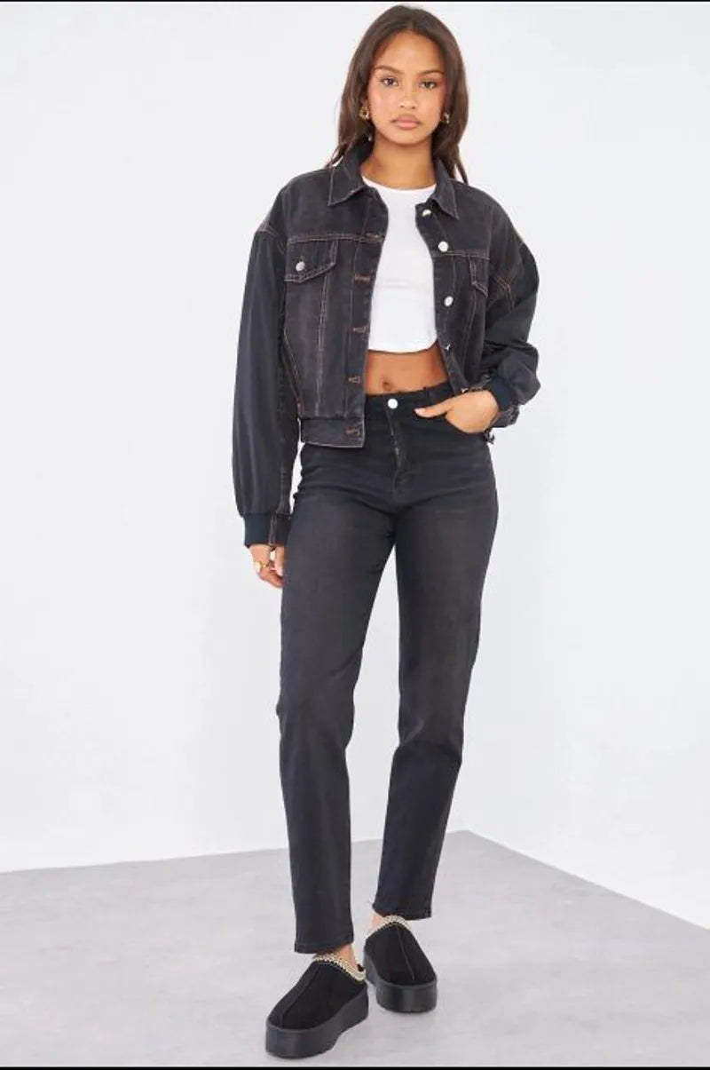 Black dual-fabric denim jacket