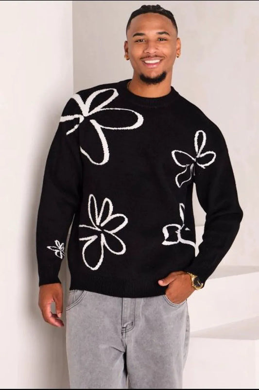 Black knitted sweater with floral pattern