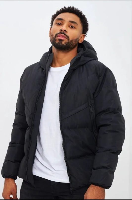Black quilted hooded down jacket