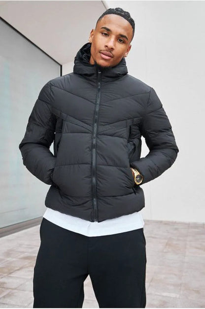 Black quilted waterproof hooded down jacket
