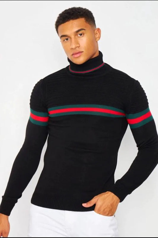 Black turtleneck sweater with tricolor stripe