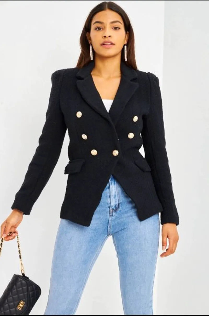 Black tweed-look blazer with pearl buttons