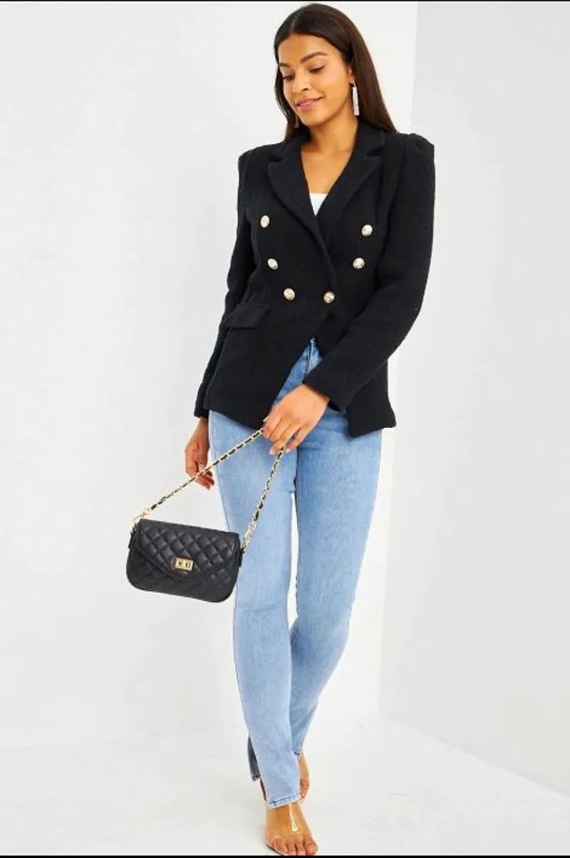 Black tweed-look blazer with pearl buttons
