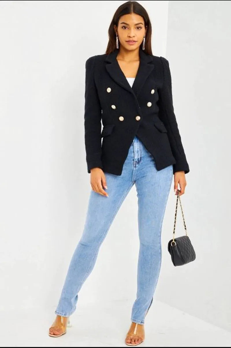 Black tweed-look blazer with pearl buttons