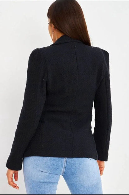 Black tweed-look blazer with pearl buttons