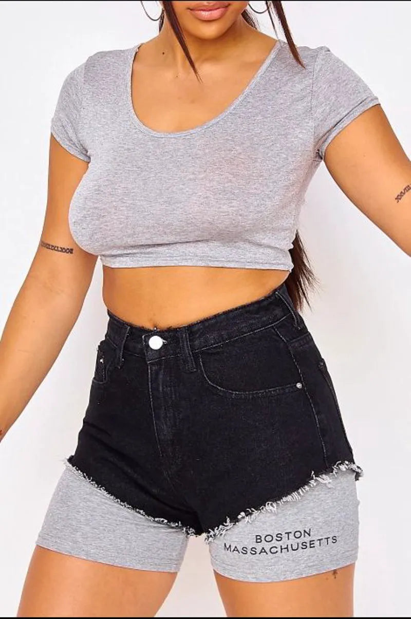 Black two-piece denim shorts + gray cycling shorts