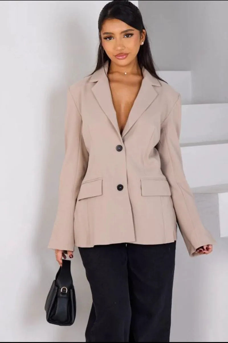 Taupe blazer with back cutout detailing