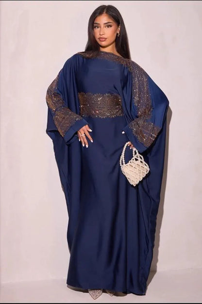 Blue abaya with gold yoke + veil
