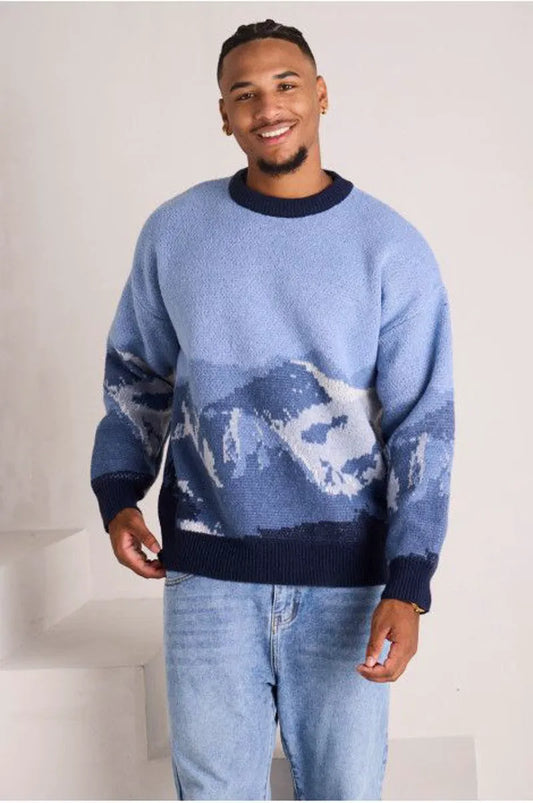 Blue knit sweater with gray pattern