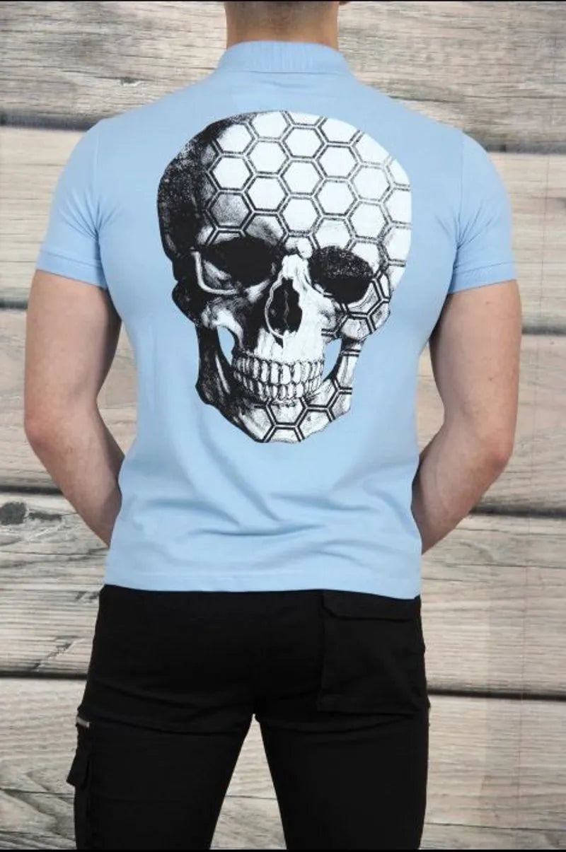 Blue skull-emblazoned back polo