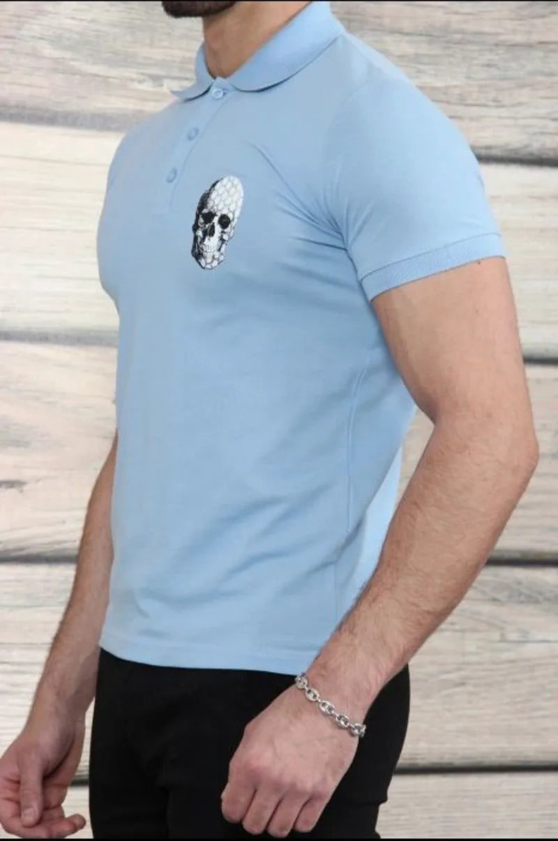 Blue skull-emblazoned back polo