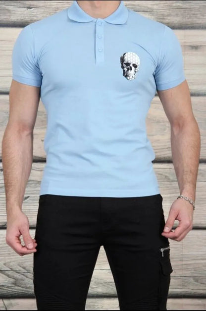 Blue skull-emblazoned back polo