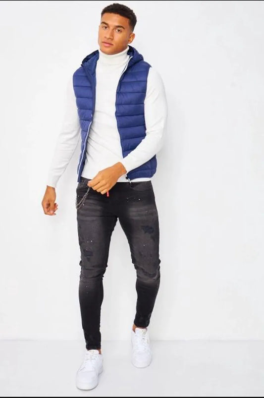 Blue sleeveless down jacket