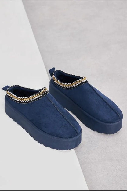 Blue velvet wedge slipper booties