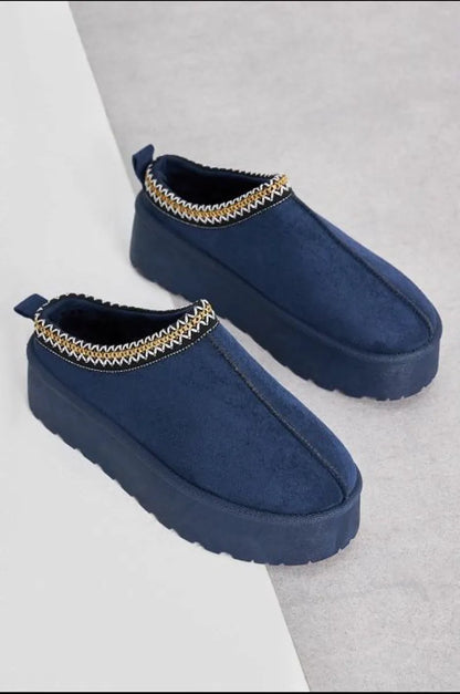 Blue velvet wedge slipper booties
