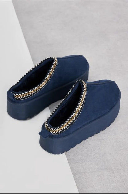 Blue velvet wedge slipper booties