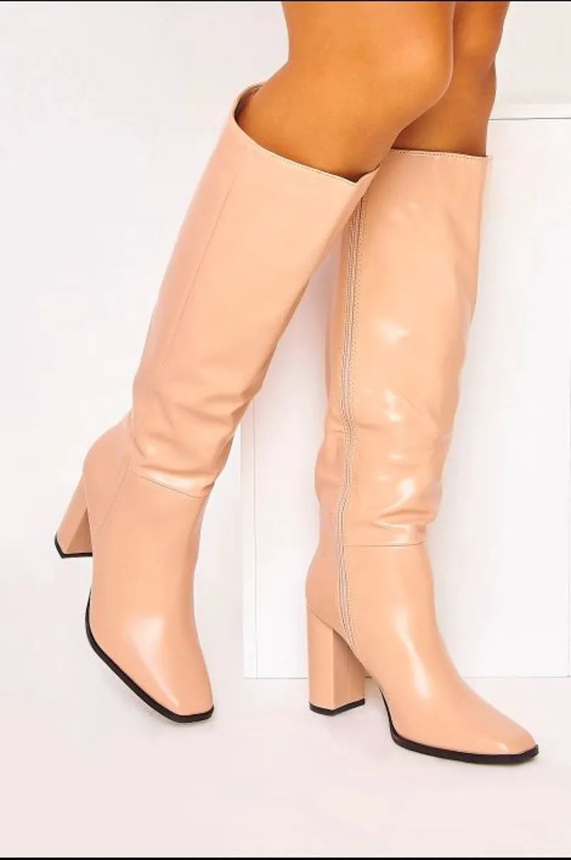 Blush beige block heel boots