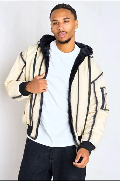 Reversible beige hooded bomber jacket