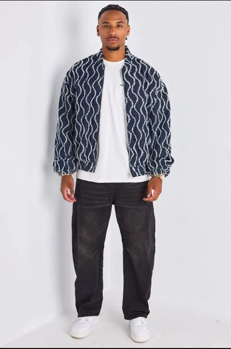 Bomber bleu marine à motif ondulé effet effiloché