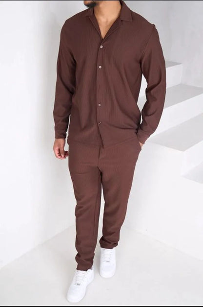 Two-piece ensemble: ribbed brown blouse and trousers