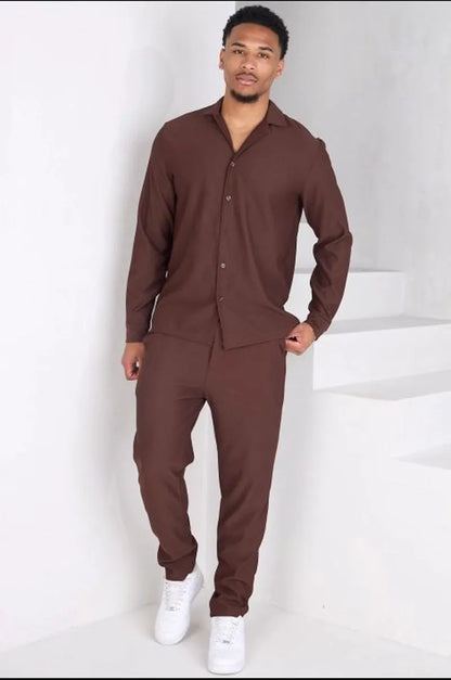 Two-piece ensemble: ribbed brown blouse and trousers