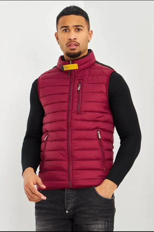 Burgundy quilted sleeveless down jacket