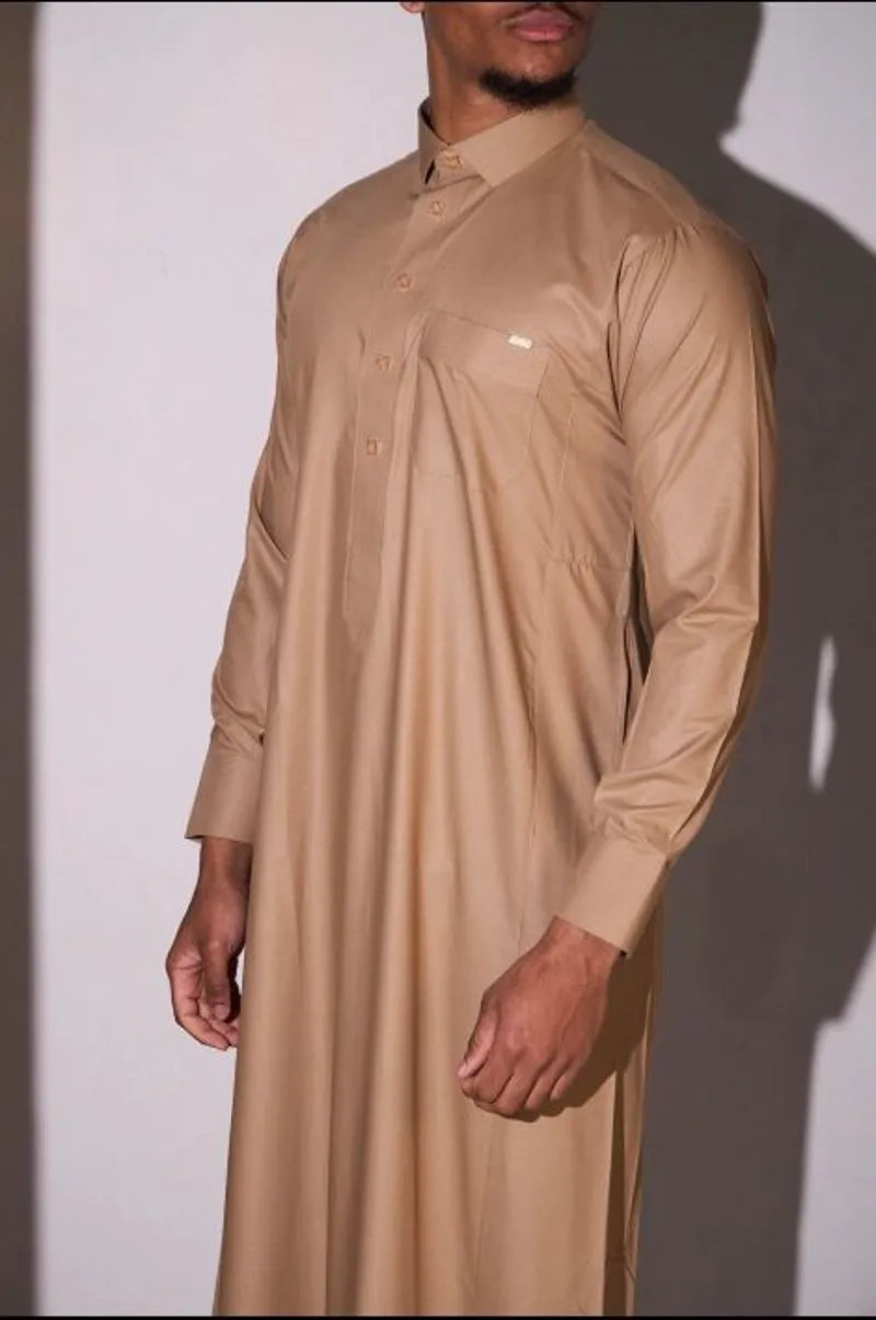 Camel-colored qamis with square golden buttons
