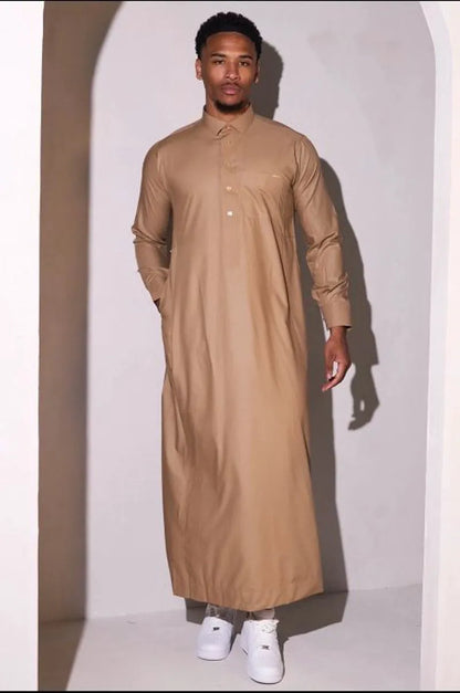 Camel-colored qamis with square golden buttons