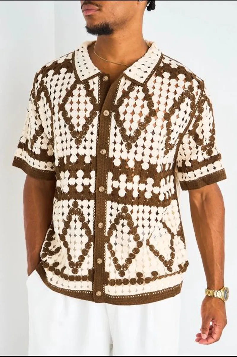 Chemise ajourée en crochet à motif losange marron