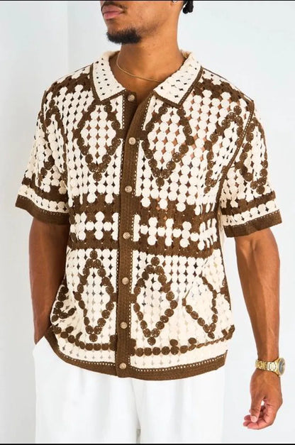 Chemise ajourée en crochet à motif losange marron