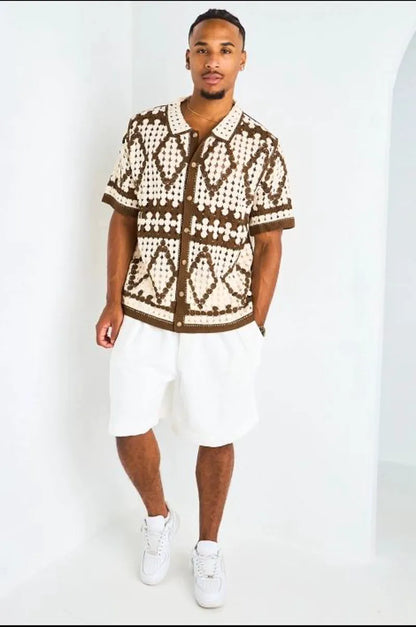 Chemise ajourée en crochet à motif losange marron