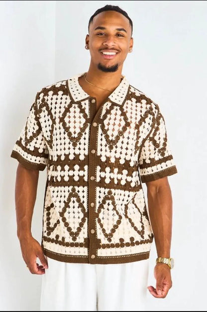 Chemise ajourée en crochet à motif losange marron