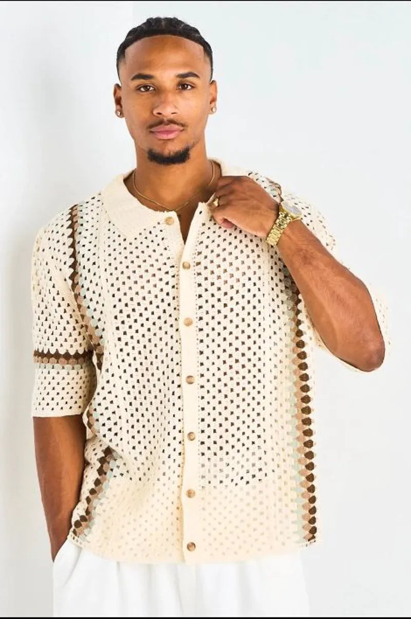 Chemise ajourée en crochet beige
