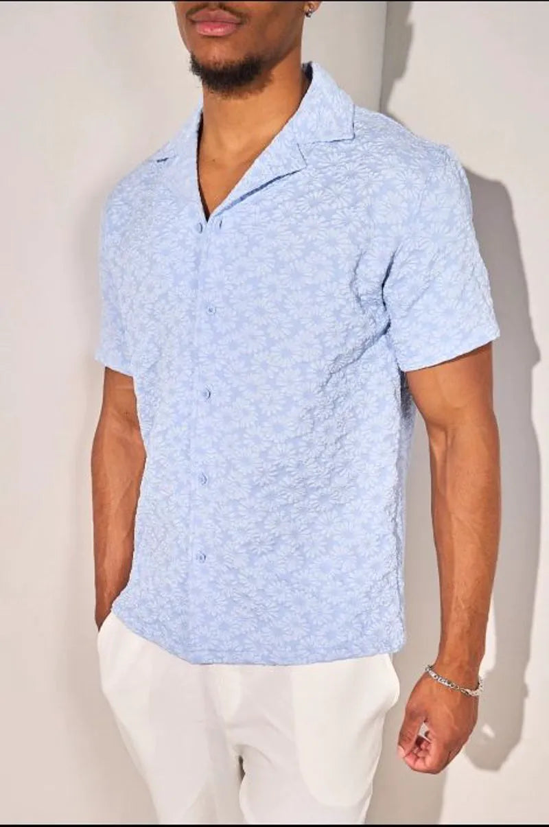 Light blue short-sleeve floral-patterned shirt