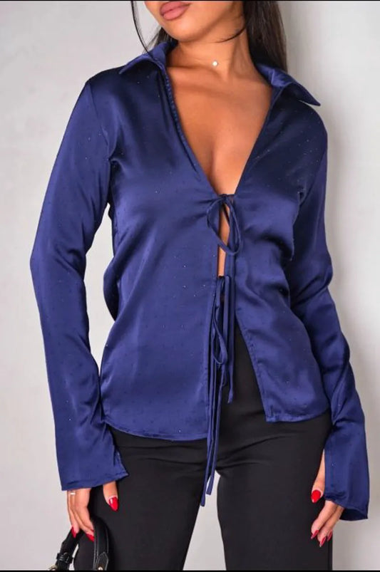 Dark blue tie-front shirt with rhinestones
