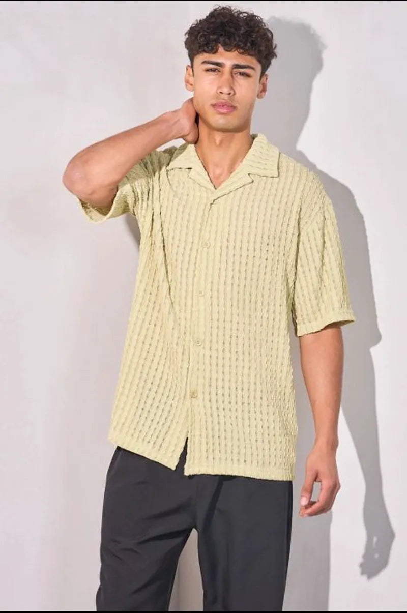 Green waffle crepe blouse