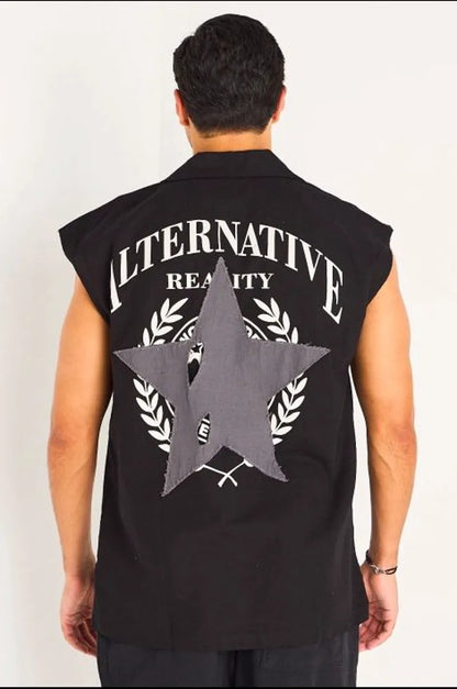 Chemise noire sans manches à inscriptions et empiècement étoile