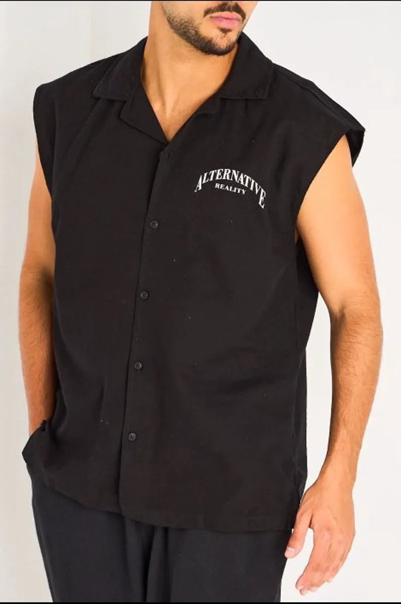 Chemise noire sans manches à inscriptions et empiècement étoile